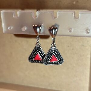 Silver and Red Triangle Dangle Earrings